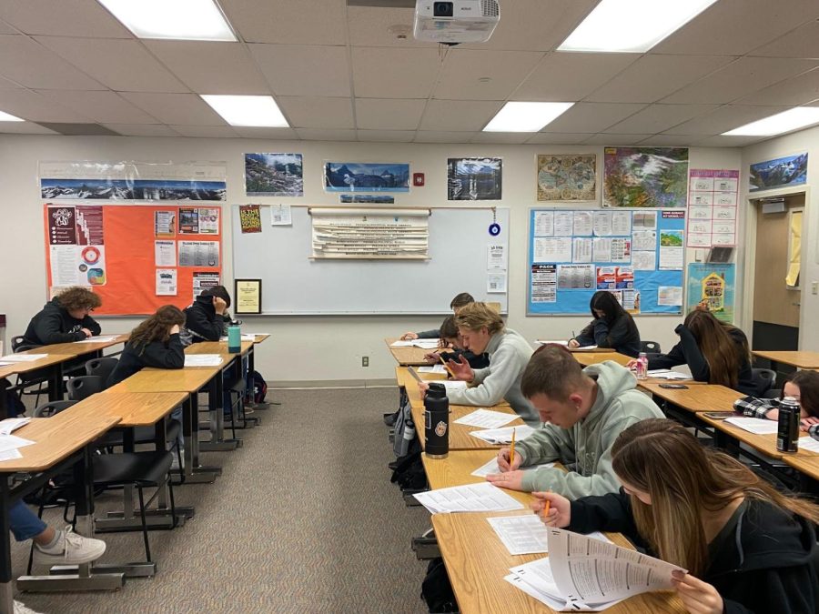Picture of Mrs. Burbach’s first-period class doing practice SATs. 