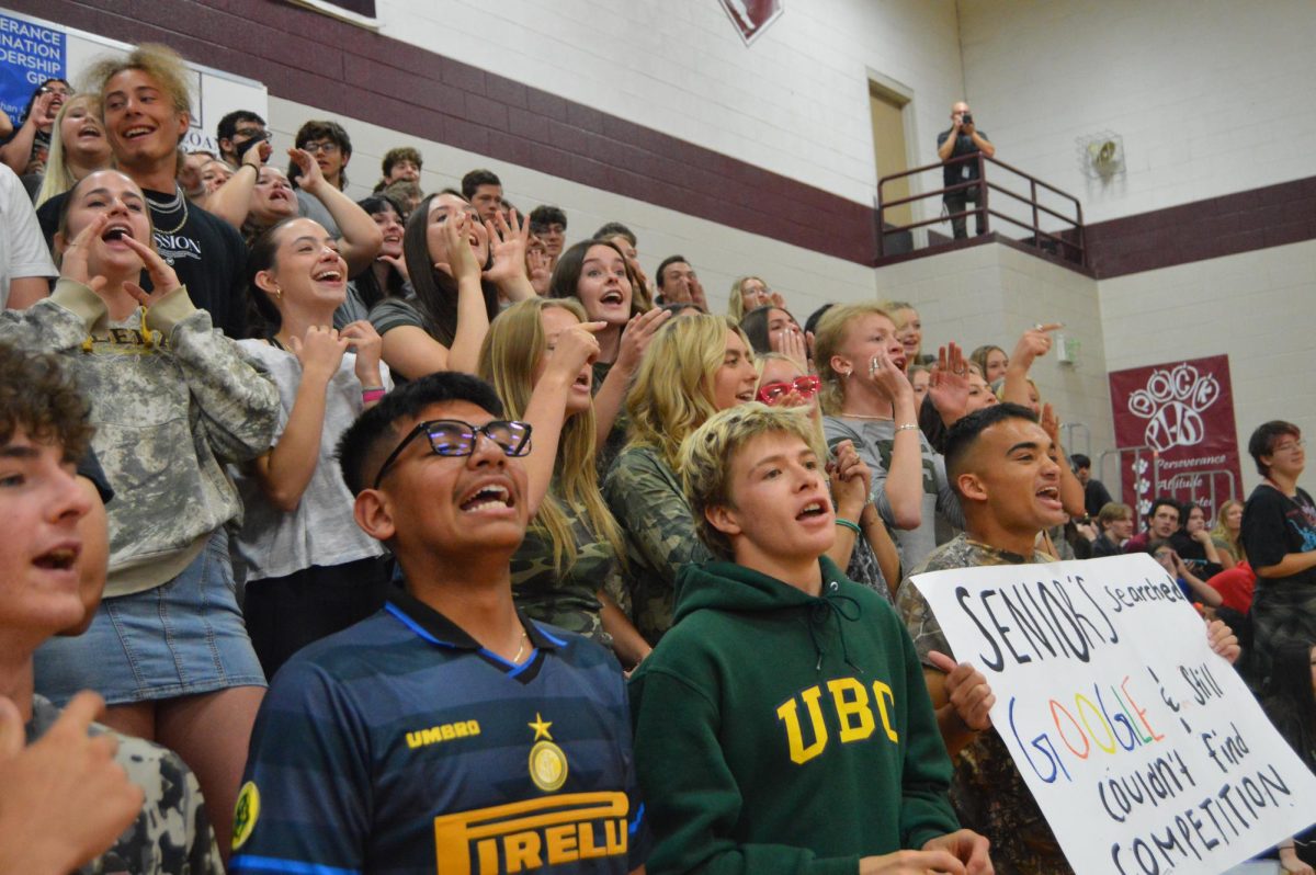 Seniors cheering on Powder Puff players who are seniors.