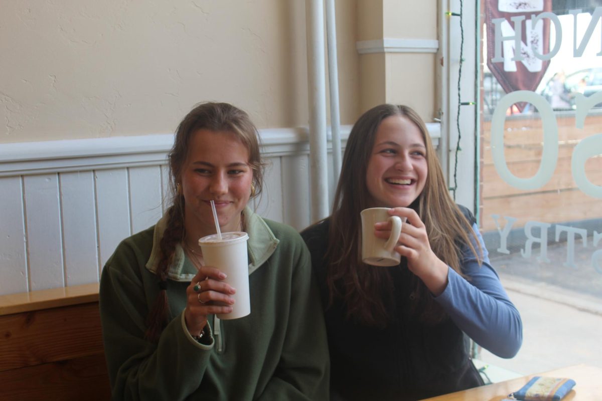 Juniors Kate Fricke and Claire Powell enjoying their first lunch back at Slice O' Life. 