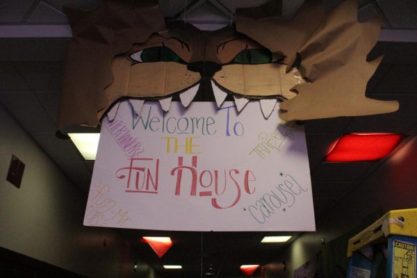 Circu Lion sign down juniors hallway