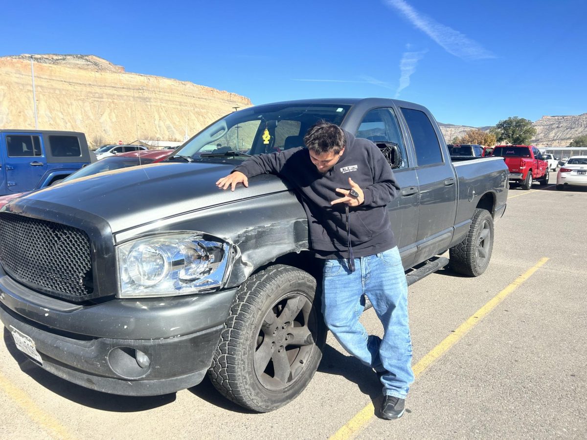 Francisco Garza and his truck, post crash in Palisade High School parking lot.