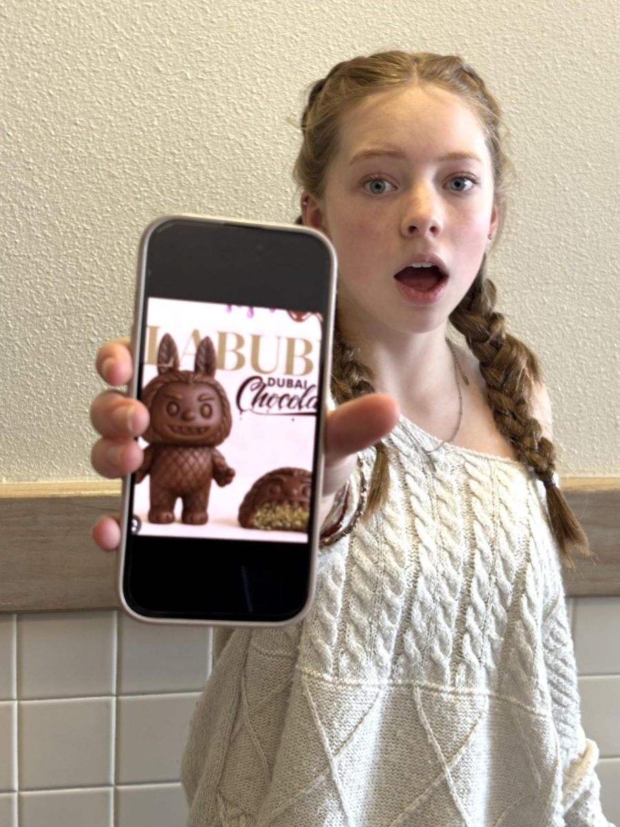 Photo of Lula Hobbs holding up photo of Dubai Chocolate Labubu.
