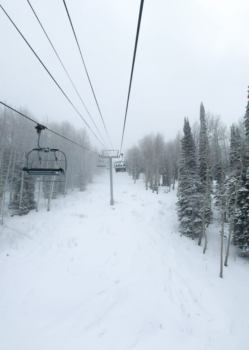 On ski lift at Powder Horn 