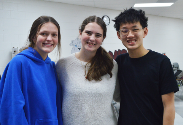 STUCO members , senior Lyla Lancaster, sophomores Genevieve Seymour, and Jack Yu after their meeting.
