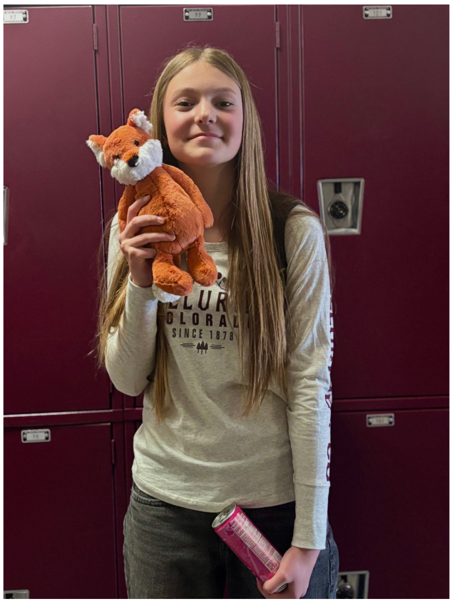 Picture taken of Emmy Fenton Holding up Jellycat Stuffed animal Fox.